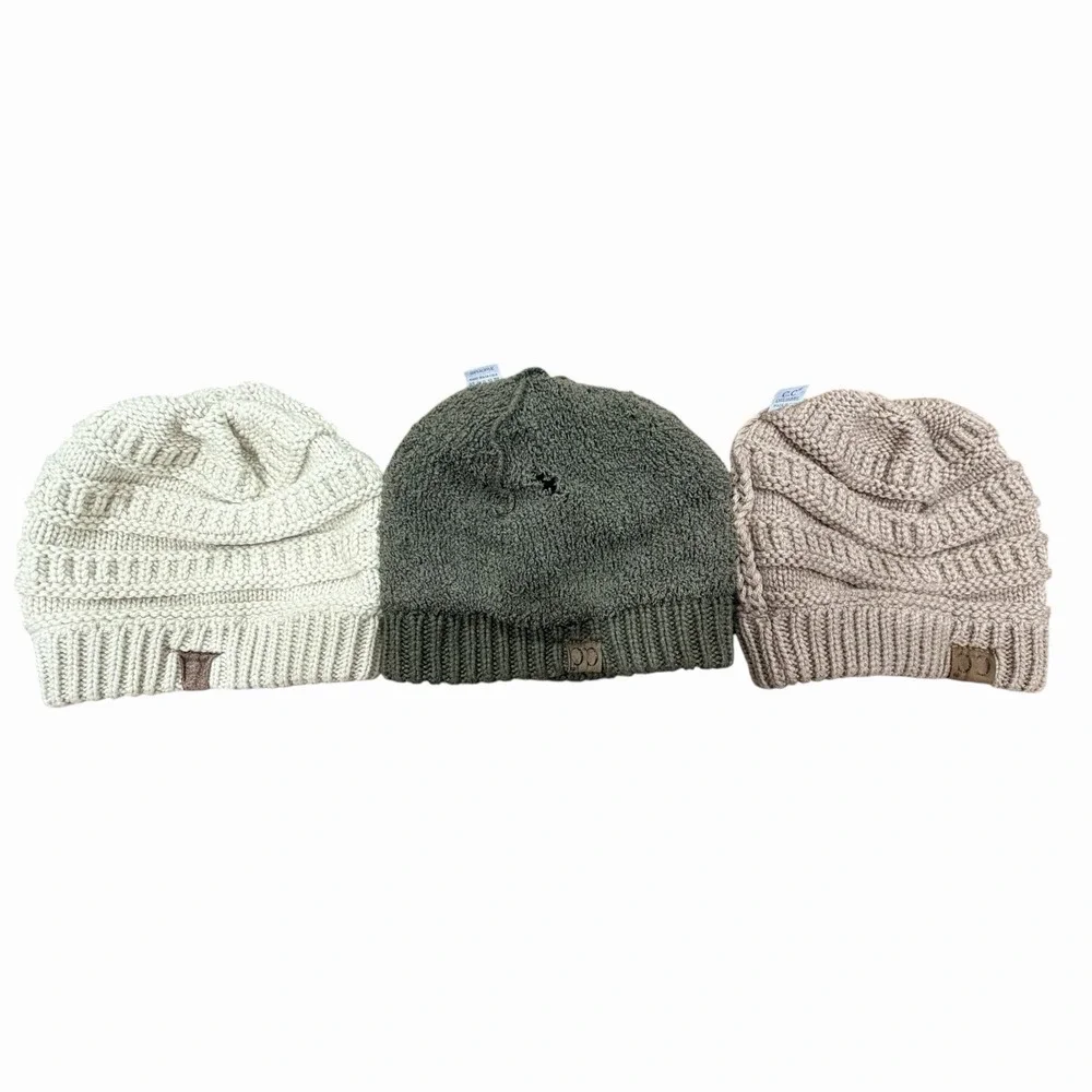C.C Beanie Bundle Lot of 3 Knit Winter Hats Cream Olive Taupe One Size